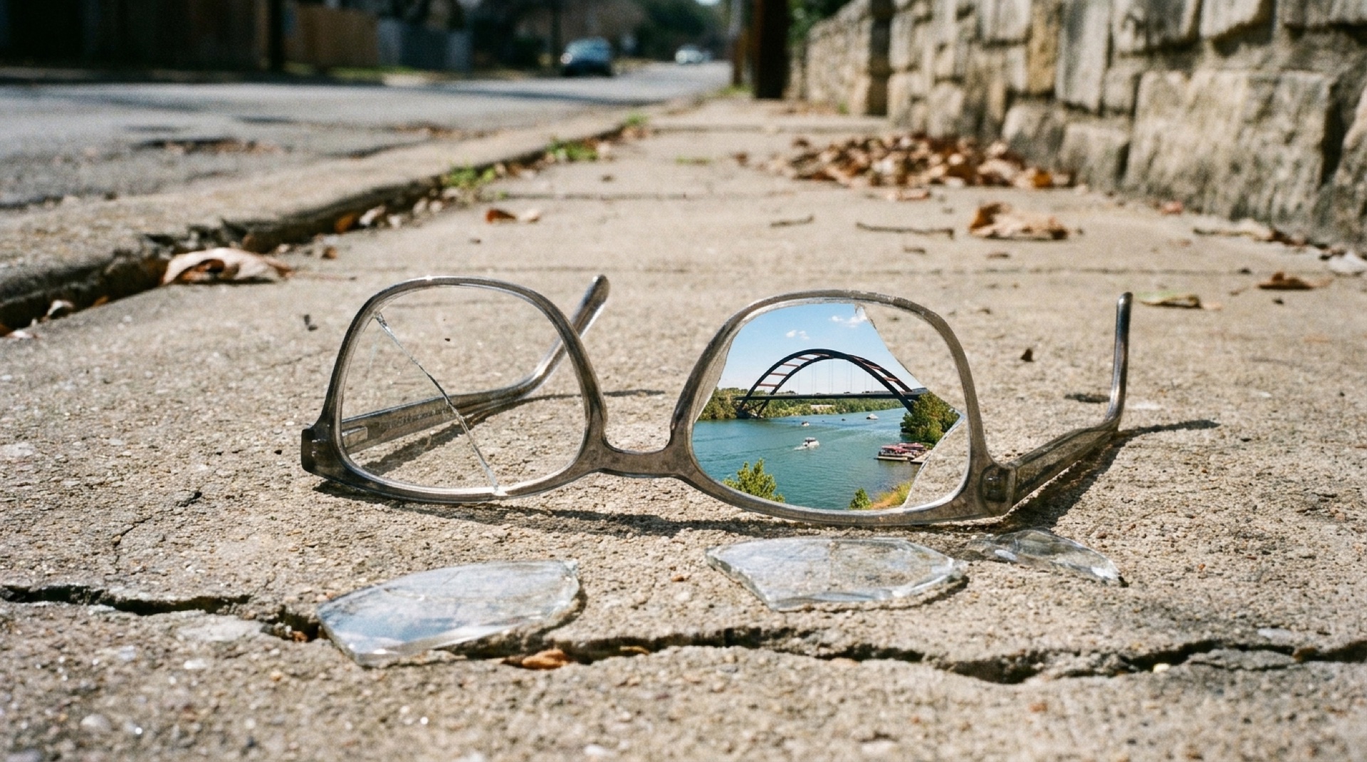Broken reading glasses on an Austin sidewalk, the Pennybacker Bridge reflected in the lens