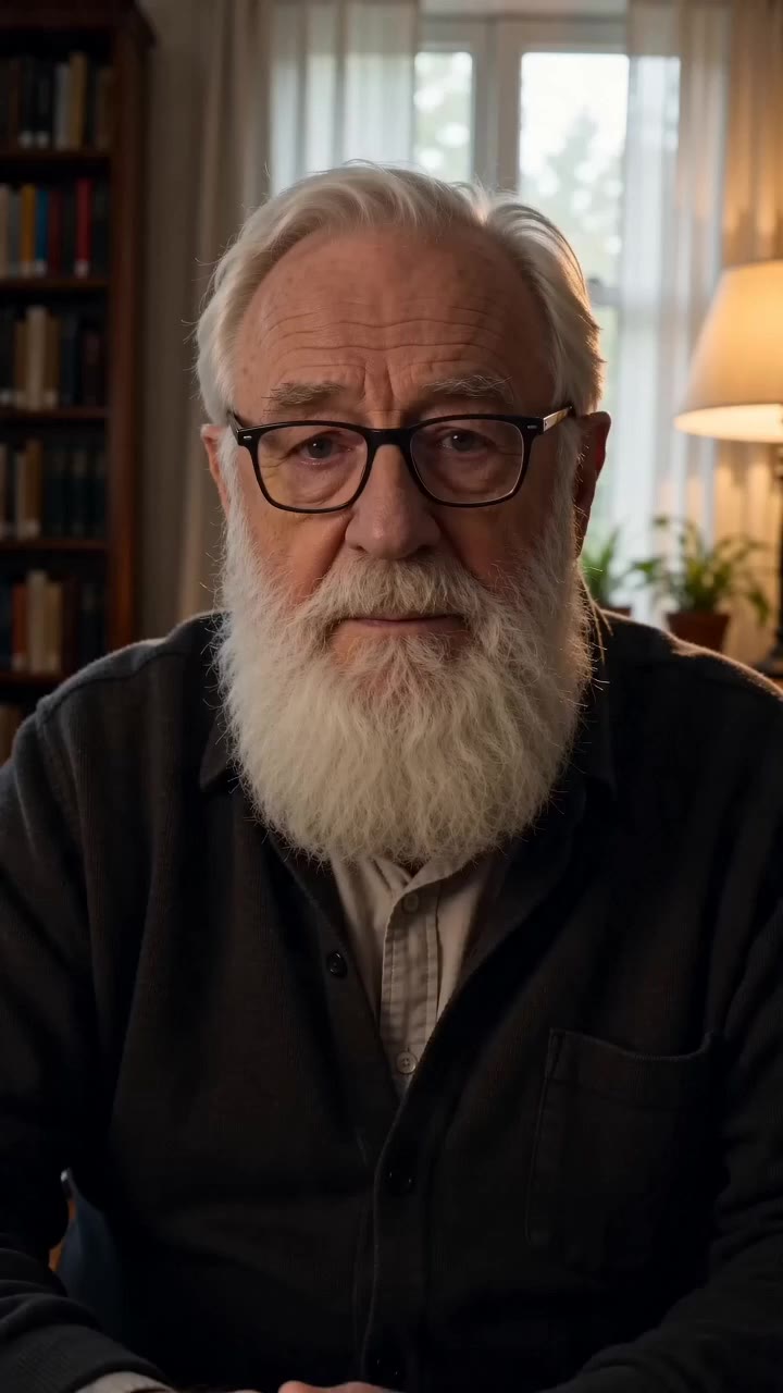 An older man in a warm study removing his reading glasses and rubbing his tired eyes